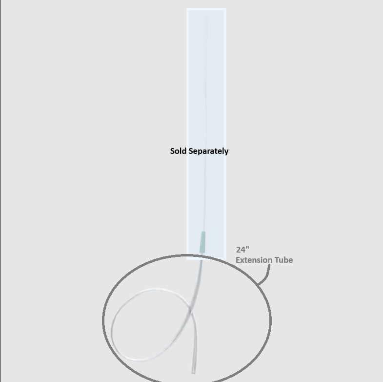 diagram depicting extension tubing - showing how it connects with catheters, indicates catheters are sold separately. 